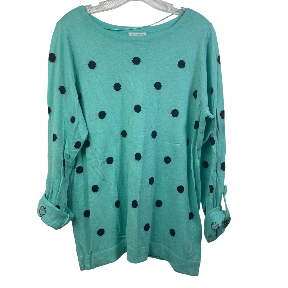 Charter Club Woman Mint Green Polka Dot Roll-Tab Sleeve Sweater 0X